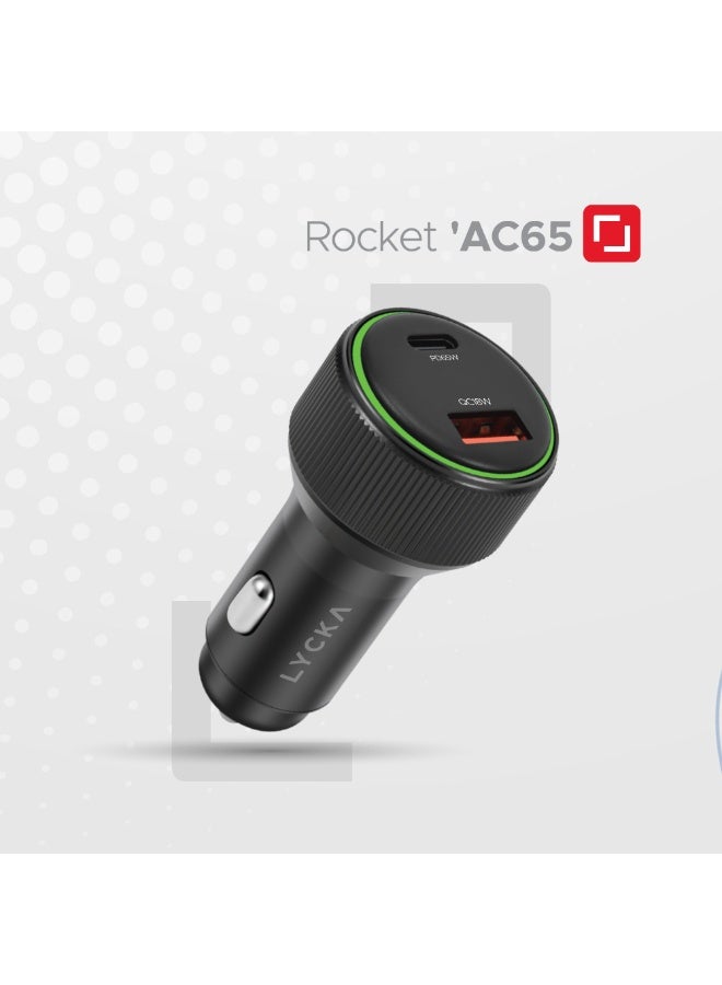 LYCKA Rocket AC65 65W USB-C PD Fast Car Charger Dual Port Black - Image 1